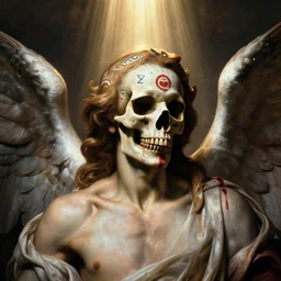 an angel with a skull painted with indigenous motifs for the head by caravaggio, dramatic lighting, blood, god rays, angelical