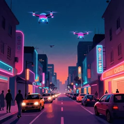 a neon lit - african urban street with flying drones, cinestill 8 0 0 t photograph, illustration in the style by philippe bouchet,