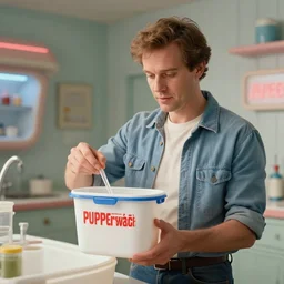 still image from a retro futurism themed film about man who sells tupperware called tupperworld, cinematic, widescreen, imax, retro futurism fashion and architecture, movement, movie poster