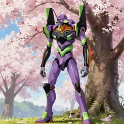 Evangelion Unit 01 standing in a sakura garden, anime in the style of studio ghibli and toei, highly detailed, trending on artstationhq and pixiv