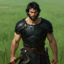 picture of male warrior in a greenfield, buff body, simple black armor, plated, axe, angry, black messy hair, unkempt beard, highly detailed, detailed face, smooth, sharp focus, chiaroscuro, digital painting, artgerm and greg rutkowski and alphonse mucha