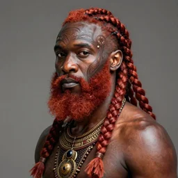 djimon hounsou as himba warrior, braided beard redhead, intricate, elegant, highly detailed, digital painting, artstation, concept art, smooth, sharp focus, illustration, artgerm, rutkowski, mucha