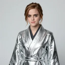 emma watson wearing a futuristic metal kimono, half body portrait, greg kutkowski, sharp details, subsurface scattering, shiny skin, warm lighting