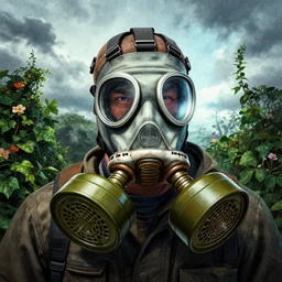 illustrated portrait of gas masks, colorful, ( ( mads berg ) ), christopher balaskas, ( ( victo ngai ) ), rich grainy texture, detailed, dynamic composition, light blue filter, wide angle, grainy lights, high contrast, dark tint, cloudy, lush foliage ivy flowers trees