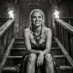 slightly provocative photo of the viking female warrior sitting on the stairs leading to the  wooden palace, femine attractive symmetrical face, big eyes and lips, beautiful clean face and body skin, brutal joyful face expression, wears ornamental jewelry and partially ripped clothes, torches alit in the background, depth of field, lens flare, moody lighting, moody photography, old photo, black and white, sepia, cinematic lighting, cinematic angle, editorial photography,award-winning