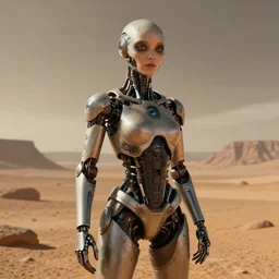 a female woman, synthetic cyborg monster with large eyes, standing on a martian landscape, cinematic movie scene, inspired by the movie the fifth element, by kim jung gi, hyperrealistic, fine details, octane render, volumetric lighting