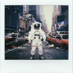 american white spacesuit astronaut in postapocalyptic abandoned destroyed times square, wrecked buildings, destroyed flipped wrecked cars, polaroid photo, vintage, neutral colors, rainy day, by gregory crewdson
