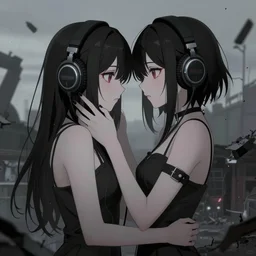 two beautiful lesbian girls in love, wearing headphones, destruction, reality warping, desolate, gothic, in the style of anime, close - up, highly detailed face, 4 k, artstation, intricate, chaotic, brutal, esoteric, highly detailed, stylized, japanese, amazing composition