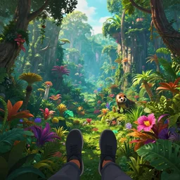 first person perspective digital illustration of a vibrant jungle landscape with colorful flora and fauna by industrial light and magic:1|wide angle panoramic by beeple and Roger Dean, viewed from eye level:0.9|fantasy, cinematic:0.9|Unreal Engine, Octane, finalRender, devfiantArt, artstation, artstation HQ, behance, HD, 16k resolution:0.8