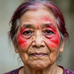 Elderly woman with black eyes covered in red paint