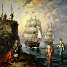 tallships sailing past a cliff face, an art deco painting by Frederic Leighton and Daniel Maclise and Rolf Armstrong and Evelyn De Morgan and Bastien Lecouffe-Deharme, dutch golden age, dramatic lighting, high contrast colors, baroque, empyrean, panoramic view, cgsociety, highly detailed, doom engine,