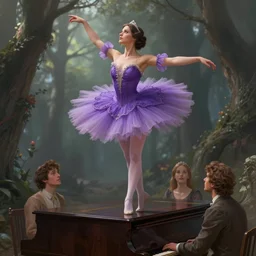 fantasy, standing on top of a piano, d & d, wearing purple romantic tutu, art by artgerm and greg rutkowski and magali villeneuve, illustration, brunette fairy woman stretching, highly detailed, trending on artstation, sharp focus, concept art, digital painting