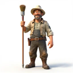 jovial archaeologist with brush, high detail digital art, full body, standing, isolated on a pure white background, centered, whole figure in frame, sharp focus, studio lighting
