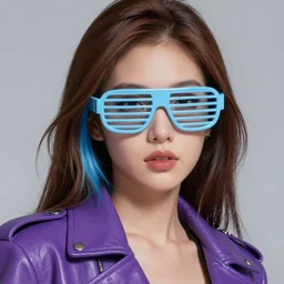 closeup painting of a very beautiful young mexican cyberpunk woman wearing light blue slatted shades, one side haircut, long brown hair with light blue ends, purple leather jacket, portrait, hyperdetailed, artstation, cgsociety, 8 k, synthwave image