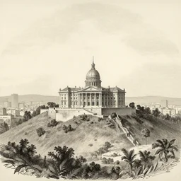 ashanti palace, located atop a hill overlooks the capital city. 1 8 7 4. colonial era sketch