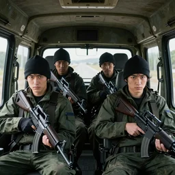 movie diverse interracial team of Japanese robbers armed with rifles interior clean military van, beautiful skin, Symmetrical faces. natural lighting by Emmanuel Lubezki