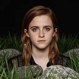 Emma Watson portrait by Anton Pieck, Chris LaBrooy, David Hockney, dark background, grassy stones