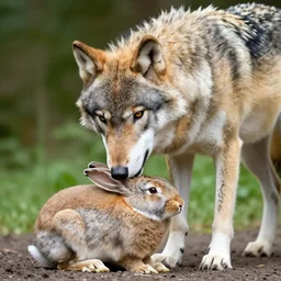 a wolf nuzzling a rabbit