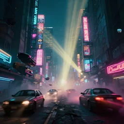 a guatemalan solitary cyberpunk city, abandoned with neon ads and signs with evocative dramatic mood with blade runner vibe with cars and floating vehicles with motion blur with depth of field with bloom with lightshaft with volumetric lights and ads, fog, by jeremy mann oscar winning graphics, photo realistic, bloom, imax, dynamic lighting, artstation,