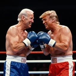 color film still of joe biden and donald trump boxing ring fighting in film rocky 1 9 7 6, grinning,