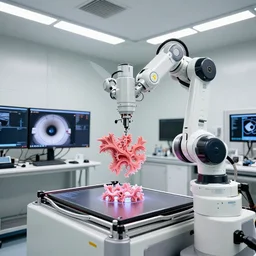 a complex thick bifurcated robotic cnc surgical arm cybernetic symbiosis hybrid mri 3 d printer machine printing some highly detailed large ferrari motor fractal forms in inspection laboratory control panel room, 4 k, large monitor screens, knobs, drone camera lens orbs, bright lighting, octane render, natural color scheme, architectural photography, f 3 2, still from movie by denis villeneuve,