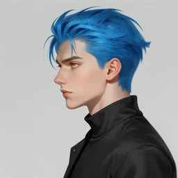 side profile of ilya kuvshinov with sky blue hair, sharp face, gold hazel eyes, high collar, black jacket, professional digital painting, concept art, award - winning photography, cinematic, stained glass window, wlop, art by pixiv art, yoshitaka amano, junki ito