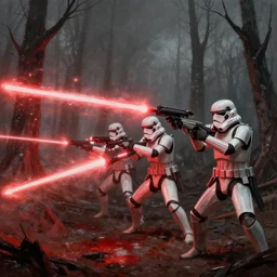 imperial stormtroopers shooting red blaster bolts in barren lifeless forest with burned trees concept art by Doug Chiang cinematic, realistic painting, high definition,very detailed, extremely high detail, photo realistic, concept art, red color palette, the Mandalorian concept art style