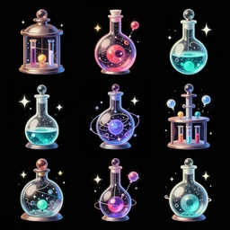 A strong contrast set of scientific and laboratory  items , game asset of six different magical lab equipaments items and tube items by Stanley Artgerm Lau, game pack, assets, WLOP, Rossdraws, James Jean, Andrei Riabovitchev, Marc Simonetti, and Sakimichan, trending on artstation , assets, HD , strong contrast