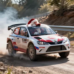 Santa Clause driving a rally car he is going fast there is smoke coming from the tires, octane render, realistic lighting, realistic shadows, highly reflective