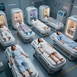 cybernetic sleeping healing pods, diverse humans sleeping in healing pods, humans sleeping in healing pods, from the side, floating bodies, wide wide angle, vivid, elaborate, highly detailed, beautiful lighting