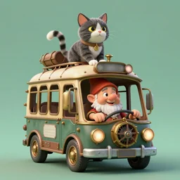 cute and funny, a garden gnome driving a steampunk bus, a cat on the roof holding on, ratfink style by ed roth, centered award winning watercolor pen illustration, isometric illustration by chihiro iwasaki, edited by range murata, tiny details by artgerm and watercolor girl, sharply focused