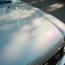 an iridescent car album cover, film photo, soft lighting, nostalgia