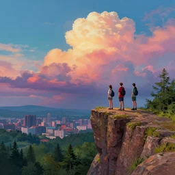 Colorful dramatic puffy clouds, 3 teens standing on the edge of a cliff overlooking city in a forest, , matte painting, concept art, 4K