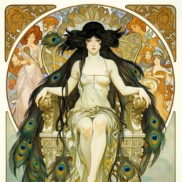 highly detailed illustration of a beautiful cute girl with peacock feathers, endless black hair, with pale skin, fibonacci, fragile, sitted on an intricate stone throne by alphonse mucha, ayami kojima, yoshitaka amano, charlie bowater, karol bak, greg hildebrandt, jean delville, and mark brooks, 4 k resolution