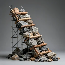 slanted scaffolding sculpture made with rocks, woods, steel and metal, construction materials, macro details, photorealistic, cinematic light, high octane, higly detailed, minimalist, made with unreal engine, cgsociety, by yves tanguy, by nate boyce, by david smith, sony a 6 3 0 0, 5 0 mm fe f / 1. 8