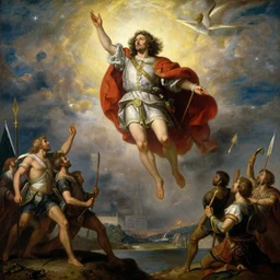 painting of sir francis drake descending down from heaven to help great britain from the invading russians.