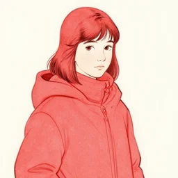 teenager girl wearing winter clothes, drawn by jean giraud and moebius, red tones, detailed drawing, flat colors