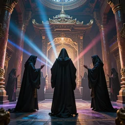 An Enigmatic Ritual Performed by hooded figures in a detailed temple, dynamic lights and shadows, concept art, vibrant color palette, Cinematic Lighting, highly detailed, 8k