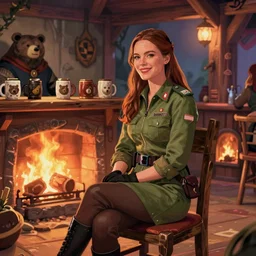 kate beckinsale weared as ranger, sit in fantasy tavern near fireplace, behind bar deck with bear mugs, medieval dnd, colorfull digital fantasy art, 4k