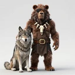 portrait of beast chief with eye - patch and necklace made from human bones, chief's big wolf pet sitting next to him, forest temple in the background, illustration concept trending pixiv fanbox by wlop and greg rutkowski and caravaggio and rosa bonheur, and william harnett
