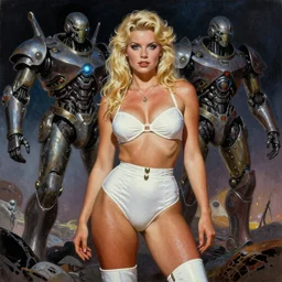 A mixed media portrait painting of a beautiful blonde brunette woman exploring an alien planet, very curvy, aesthetic! high-waisted white-bikini-armor and boots, aesthetic symmetrical face and eyes, model, Scandinavian, wet, discarded mechsuit in background, by  Frank Frazetta, Boris Vallejo, Beeple, Greg Rutkowski, Christian MacNevin, eighties-pinup style, epic fantasy character art, high fantasy, CGsociety, exquisite detail, post-processing, masterpiece, cinematic