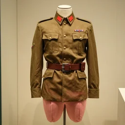 the film still photographed image is a vintage military uniform from the 1 9 5 0 s. the ensemble is inspired by red pink blush fairy. it is displayed on a mannequin in a museum exhibit.