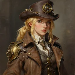 a detective woman with blonde hair wearing a coat, a detailed painting by wlop, trending on artstation, steampunk art, artstation hd, detailed painting, anime aesthetic