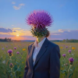 vast thistle flower under head, a girl in a suit in field of flowers, surreal photography, sunrise, blue sky, dramatic light, impressionist painting, digital painting, artstation, simon stalenhag