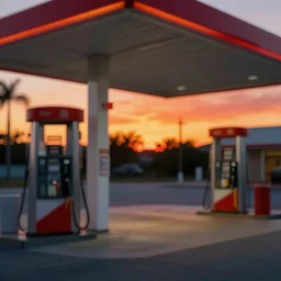 miami gas station background by simon stalenhag, sunset, sharp focus, digital art, 4 k, octane, high contrast, abstract