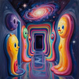 an extremely high quality hd surrealism painting of a 3 d galactic neon complimentary - colored cartoony surrealism melting optically illusiony hallway by kandsky and salviadoor dali the seventh, salvador dali's much much much much more talented painter cousin, 4 k, ultra realistic, super realistic, so realistic that it changes your life and god is fired