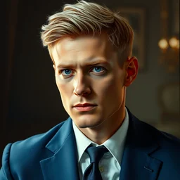 portrait painting of a 3 0 - year - old man with short blond hair, a journalist, wearing a blue suit, looked gaunt, confident, elegant and handsome aunreal render cinematic lighting art 1 9 2 0 period drama by bussiere rutkowski andreas rocha