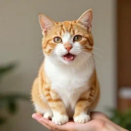this is a photo of an adorable cat sitting in a human hand. the colors are very vibrant and the cat looks very happy. vibrant colors, very funny, personal, positive, visually pleasing and engaging. high resolution. high quality. hq hd. trending on artstation.