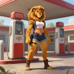 wide angle beautiful full body portrait of a strong female anthropomorphic anthro lioness fursona sports biker at an old gas station. character design by disney, anime, manga, charlie bowater, ross tran, artgerm, and makoto shinkai, detailed, soft lighting, rendered in octane