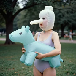 1981 woman on tv show wearing a squishy inflatable prosthetic mask long stick nose, soft color wearing a leotard at the park 1981 color film 16mm holding a an inflatable animal Fellini John Waters Russ Meyer Doris Wishman old photo